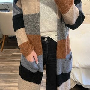 Neutral striped long cozy cardigan